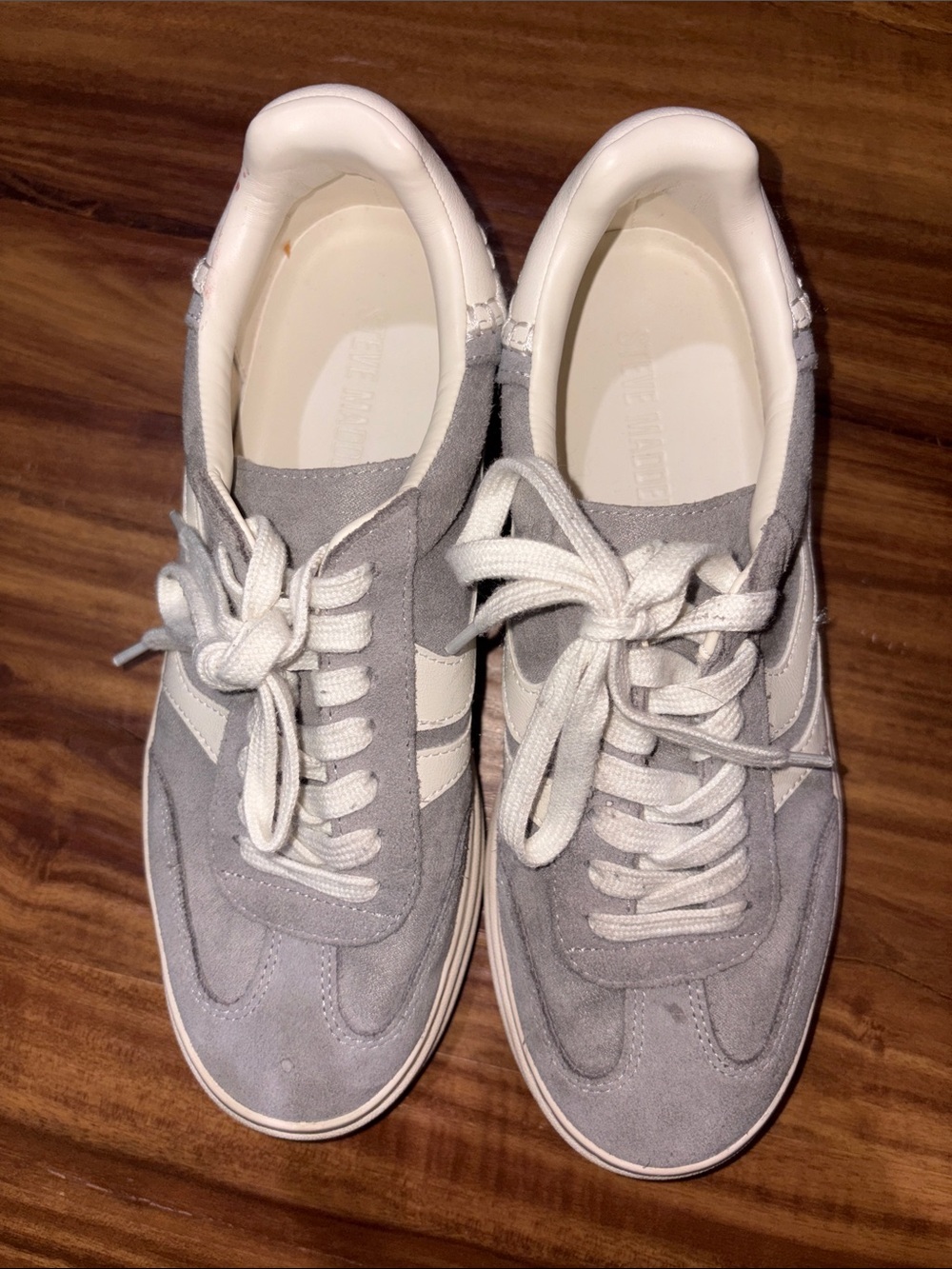 Steve Madden Womens Gray Suede Sneakers with White Stripes